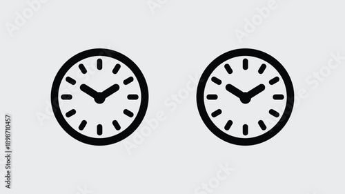 Two analog clocks showing different times with black and white faces and hands isolated on white background, Vector, illustration