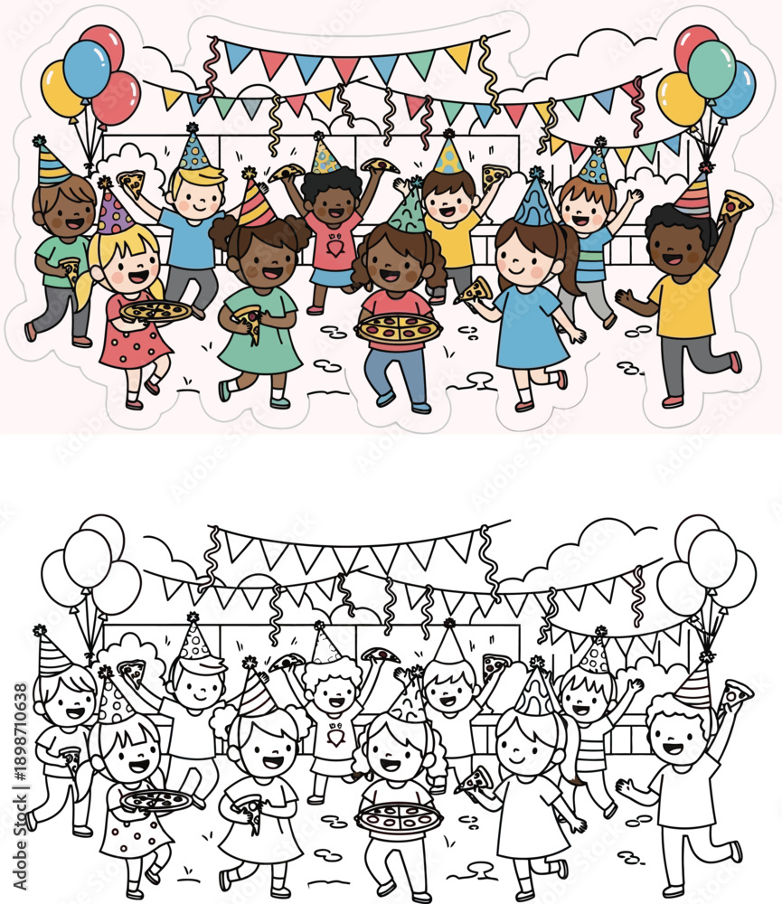 Fototapeta premium Cartoon Illustration and Coloring Page for a Happy Children's Pizza Party Celebration with Balloons and Party Hats