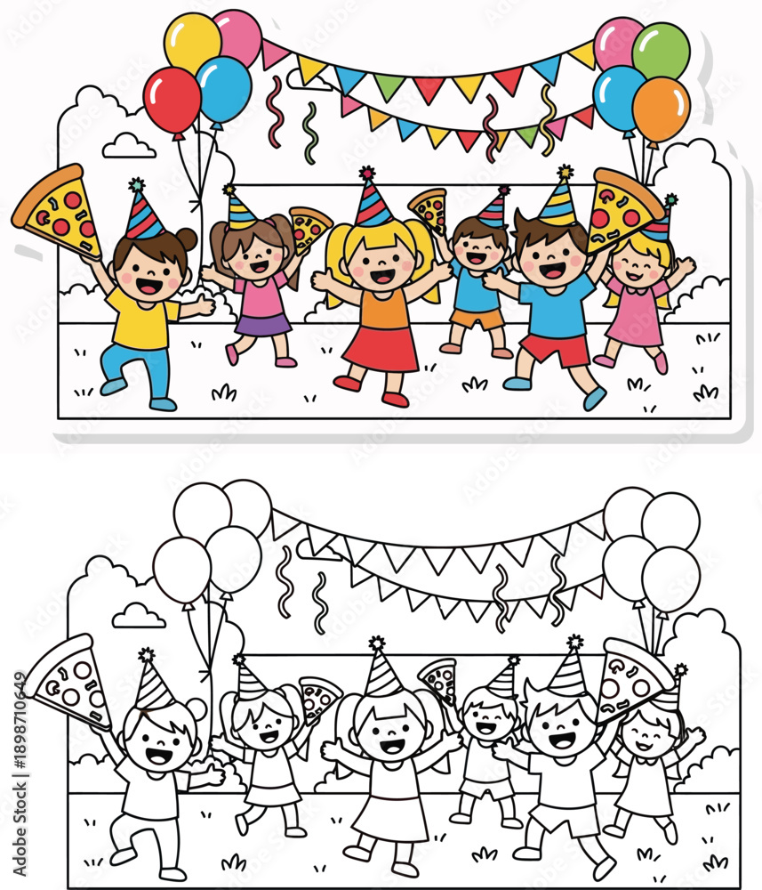 Naklejka premium Happy Kids Pizza Party Celebration with Balloons Cartoon Illustration and Coloring Page for Children