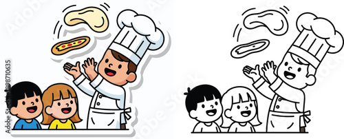Happy Chef Tossing Pizza Dough with Kids Watching Cartoon Illustration and Coloring Page for Children