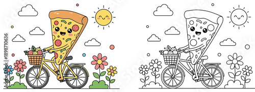 Cute Pizza Character Riding Bicycle with Flowers Children's Coloring Page and Vibrant Cartoon Illustration