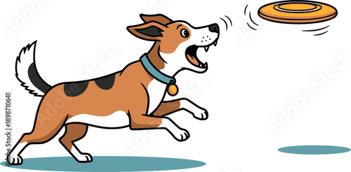 Energetic cartoon dog in mid-air enthusiastically leaping forward with its mouth open to catch a yellow flying disc toy against a light blue background for outdoor fun.