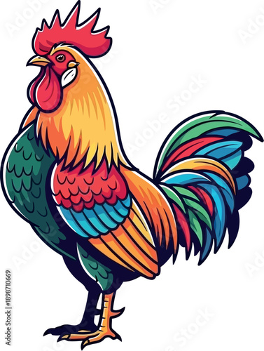 Vibrant vector illustration of a proud rooster featuring bright tropical colors and bold graphic lines against a clean white background signifying farm life