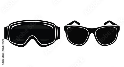 A pair of stylish ski goggles and classic sunglasses are presented in a stark black and white illustration creating a striking silhouette