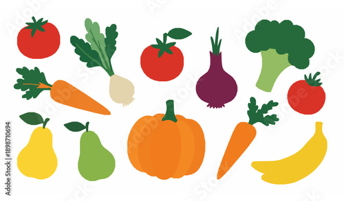 Flat Hand Drawn Fruits and Vegetables Vector Collection in Colorful Organic Style