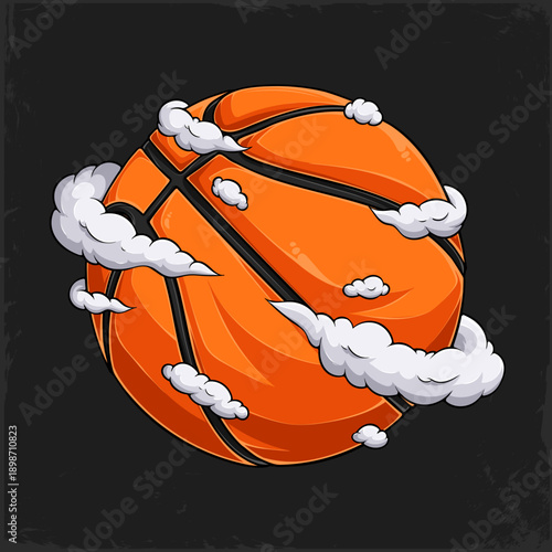 High‑speed basketball wrapped in clouds, symbolizing soaring plays and March Madness event excitement, for dynamic college hoops.