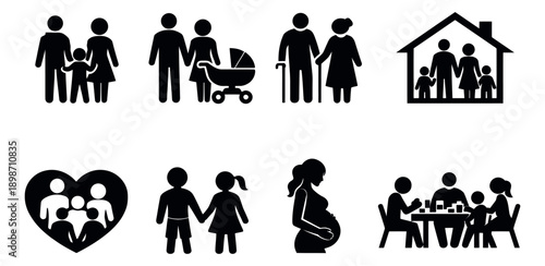 Simple graphic family set featuring diverse family units and generational relationships for social concepts