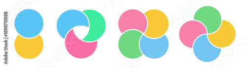 Infographic Venn diagram template 2, 3, 4 parts for business strategy, start up project, presentation, logic analysis, theory basic operation