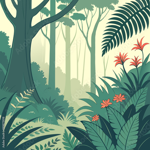 Vibrant Tropical Rainforest Scene with Exotic Plants