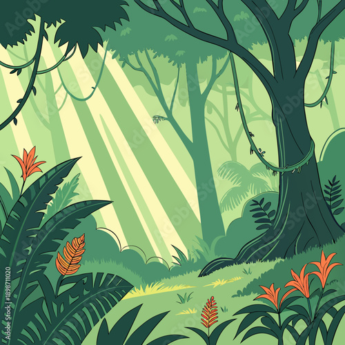 Lush Tropical Rainforest Scene with Exotic Flora