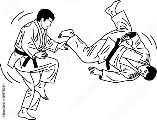 Stylized black and white illustration depicting a martial arts practitioner executing a dynamic leg sweep throw against an opponent during combat training
