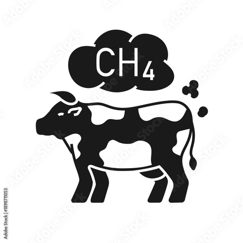 Cow cattle fart ch4 icon, animal methane excretion for global ecology problem illustration