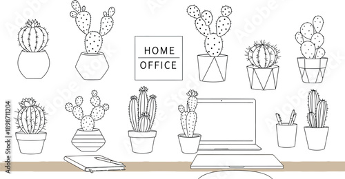 Collection of various potted cacti and succulents illustrated in a minimal line art style arranged around home office equipment ready for coloring.