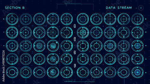 Abstract data stream visualization with numerous circular targeting reticles