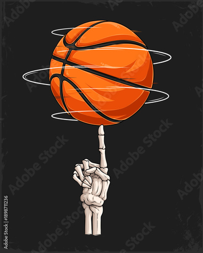 Spooky skeleton hand spinning a glowing basketball, for edgy March Madness event college hoops, late‑night tournament hype designs.
