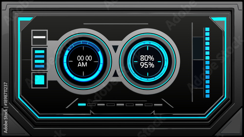 Futuristic interface panel displaying digital readouts and glowing cyan accents