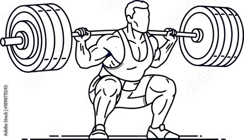 Muscular athlete performing a heavy barbell back squat exercise emphasizing leg and core strength development in a minimalist gym setting illustration