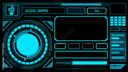 Futuristic interface displaying access granted with a hand scan and processing
