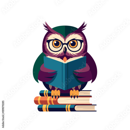 A cartoon owl wearing glasses reading a book surrounded by other books.
