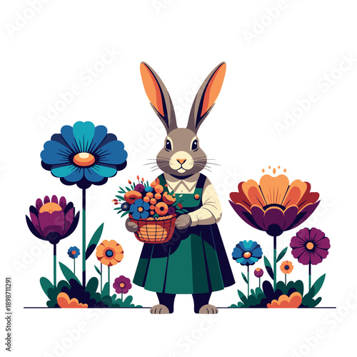 Cartoon rabbit gardener holding flowers in a basket.