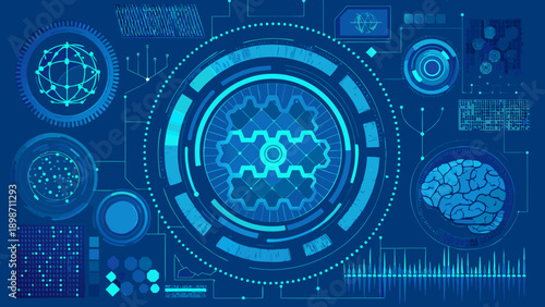 Futuristic technology interface with interconnected digital network elements
