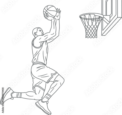 Black and white line art illustration depicts a determined basketball player leaping high toward the hoop attempting a difficult layup shot with intense focus on scoring points during the game