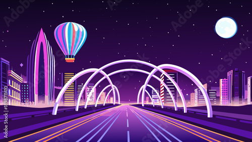 Neon cityscape with a hot air balloon and glowing architectural structures