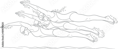 Sequential illustration demonstrating the precise underwater streamlined dolphin kick technique used by female swimmers during competitive swimming training or competition