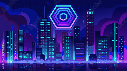 Neon futuristic cityscape with a glowing hexagonal structure in the sky