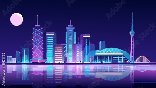 A vibrant stylized cityscape at night with a glowing moon reflection