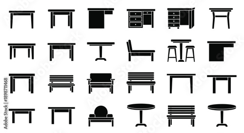 Furniture silhouette icon set, tables, chairs, benches, stools, and desks, black vector illustration, interior and design theme, isolated on white background