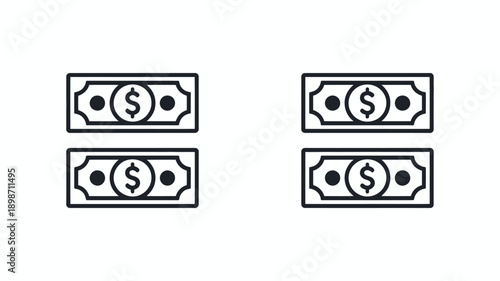Illustration of two sets of dollar bill icons arranged in pairs vertically and horizontally isolated on white background, Vector, illustration