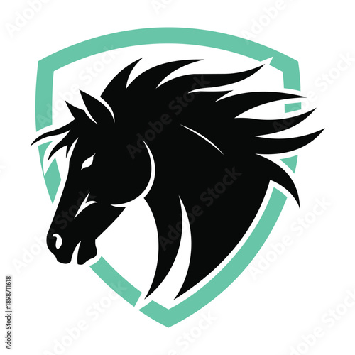 A powerful black horse head logo design with a flowing mane set inside a protective teal shield border.