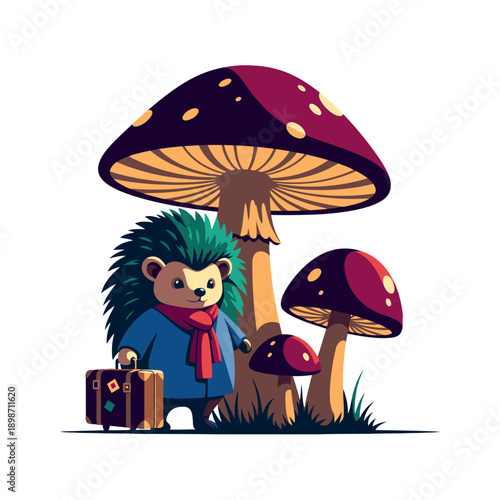 Cartoon hedgehog standing with suitcase near giant mushrooms.