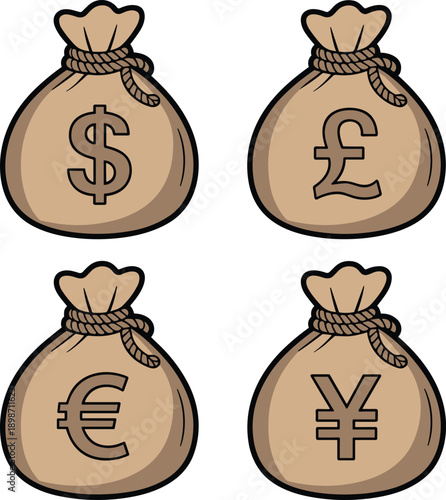Golden money bag currency icon set. Dollar, pound, euro and yen symbols on sack illustrations. Financial wealth and global economy concept isolated on white background.