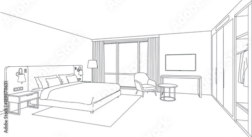 Modern hotel bedroom interior design sketch featuring a large comfortable bed television seating area and full wardrobe storage space for travelers lodging needs