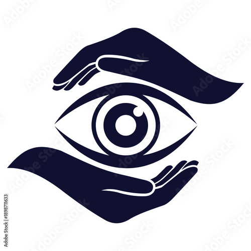A minimalist graphic illustration of hands cradling and protecting a human eye, representing eye care, vision health, and security.