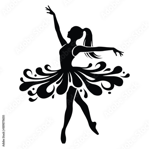 A black silhouette illustration of a graceful ballerina performing a dance pose with a stylized flowing skirt.