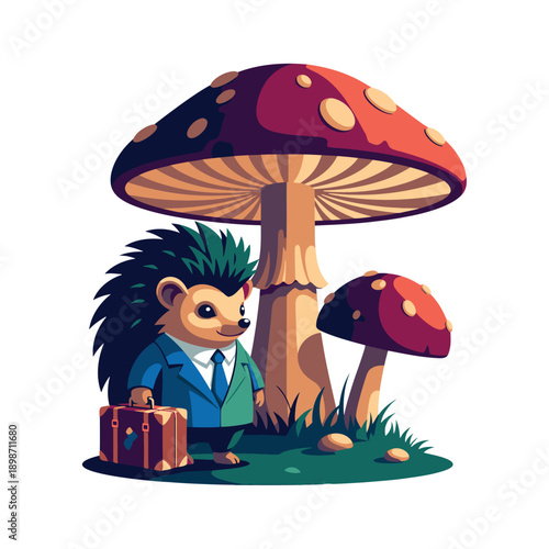 A cartoon hedgehog in a business suit standing next to large mushrooms.