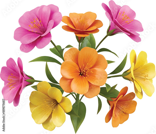 Daisy plastic flower with white petals, green stem and leaf in different angles of view cartoon icon 3d render. Chamomile bubble bloom for spring and summer design. Glossy balloon blossom..