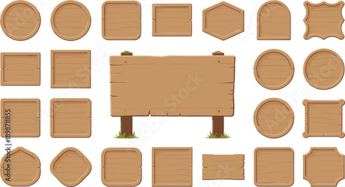 Wooden signboard shapes vector collection. Blank rustic panels in many frames and sizes. Cartoon wood plaques for UI, games and labels isolated on white background.