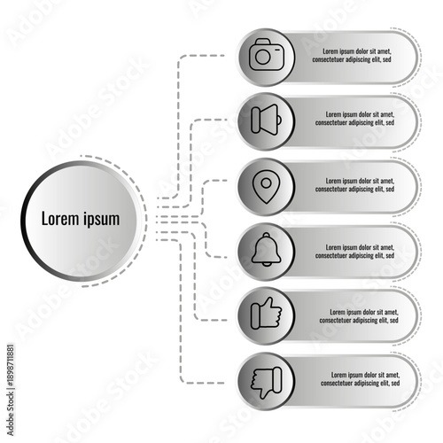 Minimalist business infographic with 6 steps and web icons. Silver circular flow chart design. Vector illustration.