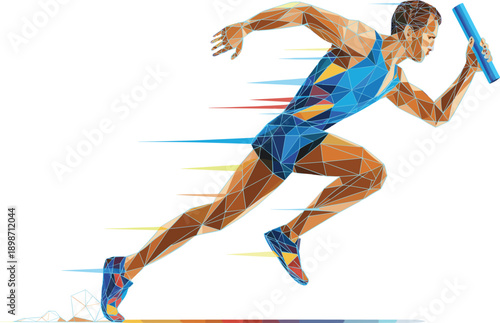 Geometric relay athlete vector artwork. Sprinter charging forward with baton and speed trails. Energetic low poly track illustration isolated on white background.
