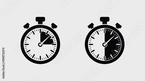 Two stopwatches displaying different elapsed times in black and white design isolated on white background, Vector, illustration