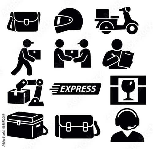 Glyph delivery and logistics icon set featuring scooters, parcels, and courier service symbols for e-commerce