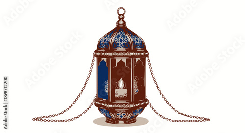 Ornate metal lantern with intricate designs and hanging chains.
