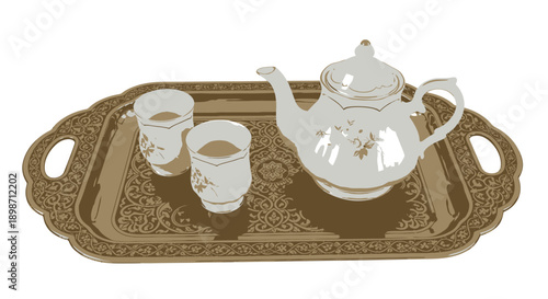 Vintage tea set on ornate serving tray with cups and teapot.