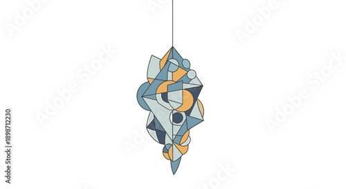 Modern abstract mobile sculpture hanging from a thin wire.