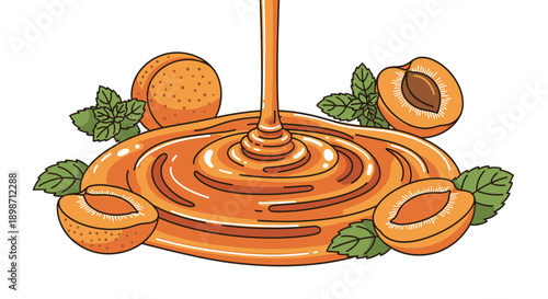 Caramel sauce being poured with nuts and leaves around it.