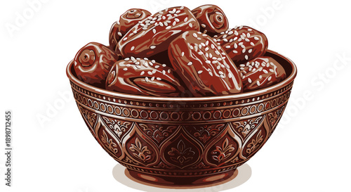 Ornate copper bowl filled with dates on a white background.
